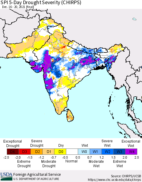 Southern Asia SPI 5-Day Drought Severity (CHIRPS) Thematic Map For 12/16/2021 - 12/20/2021