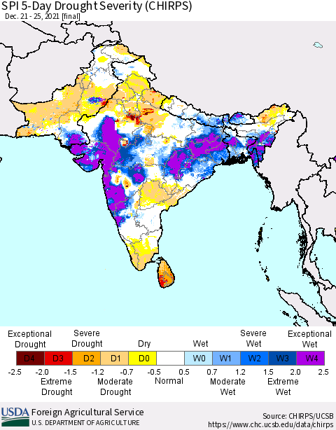 Southern Asia SPI 5-Day Drought Severity (CHIRPS) Thematic Map For 12/21/2021 - 12/25/2021