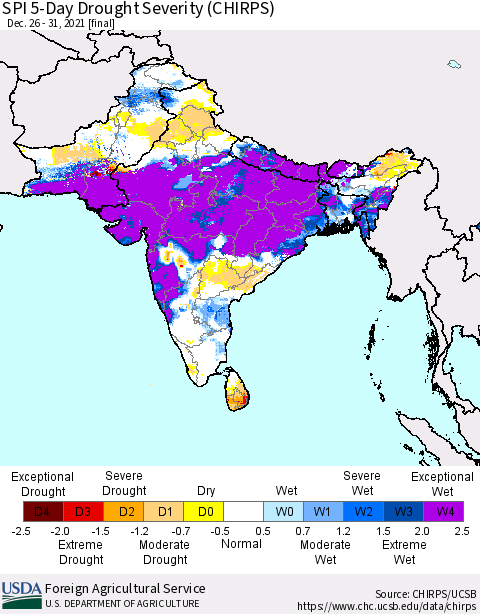 Southern Asia SPI 5-Day Drought Severity (CHIRPS) Thematic Map For 12/26/2021 - 12/31/2021