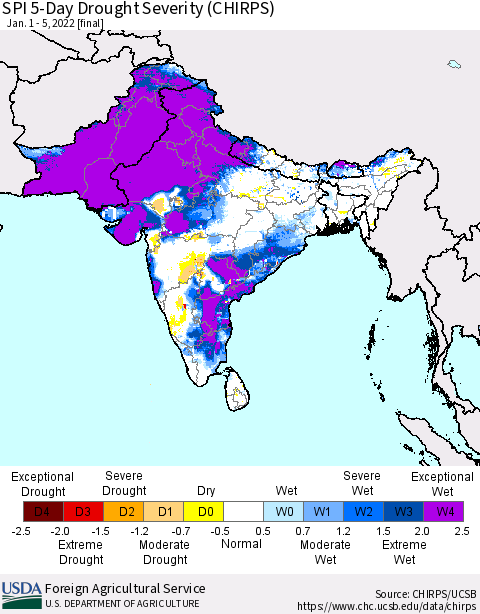 Southern Asia SPI 5-Day Drought Severity (CHIRPS) Thematic Map For 1/1/2022 - 1/5/2022