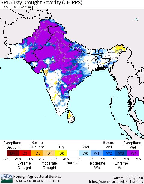 Southern Asia SPI 5-Day Drought Severity (CHIRPS) Thematic Map For 1/6/2022 - 1/10/2022
