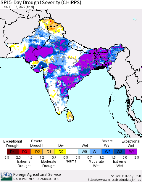 Southern Asia SPI 5-Day Drought Severity (CHIRPS) Thematic Map For 1/11/2022 - 1/15/2022