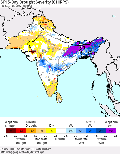 Southern Asia SPI 5-Day Drought Severity (CHIRPS) Thematic Map For 1/11/2022 - 1/15/2022