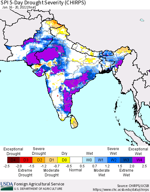 Southern Asia SPI 5-Day Drought Severity (CHIRPS) Thematic Map For 1/16/2022 - 1/20/2022