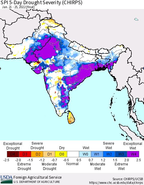 Southern Asia SPI 5-Day Drought Severity (CHIRPS) Thematic Map For 1/21/2022 - 1/25/2022