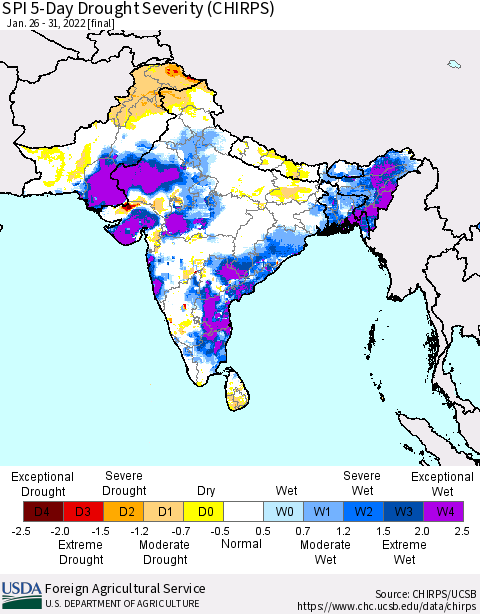 Southern Asia SPI 5-Day Drought Severity (CHIRPS) Thematic Map For 1/26/2022 - 1/31/2022