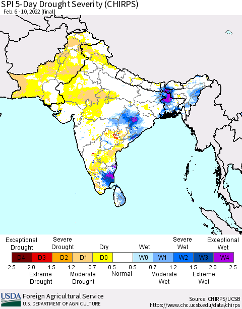 Southern Asia SPI 5-Day Drought Severity (CHIRPS) Thematic Map For 2/6/2022 - 2/10/2022