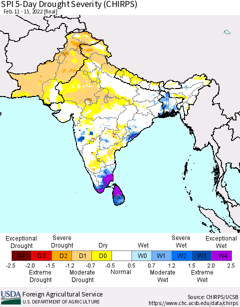 Southern Asia SPI 5-Day Drought Severity (CHIRPS) Thematic Map For 2/11/2022 - 2/15/2022