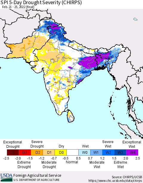 Southern Asia SPI 5-Day Drought Severity (CHIRPS) Thematic Map For 2/21/2022 - 2/25/2022