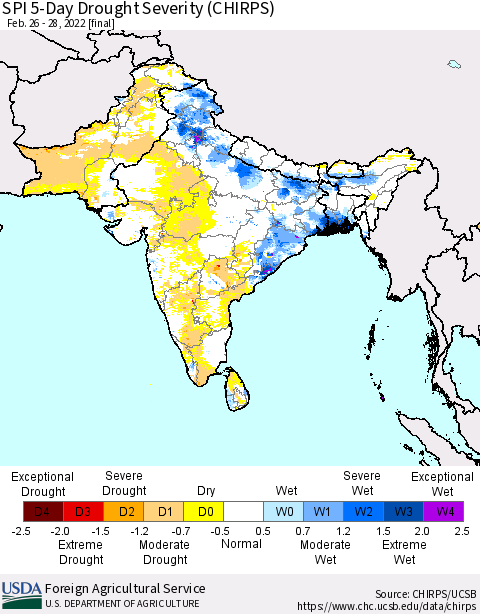 Southern Asia SPI 5-Day Drought Severity (CHIRPS) Thematic Map For 2/26/2022 - 2/28/2022