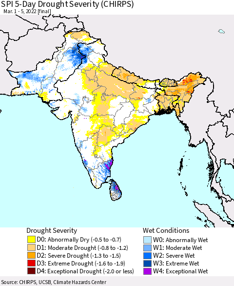 Southern Asia SPI 5-Day Drought Severity (CHIRPS) Thematic Map For 3/1/2022 - 3/5/2022