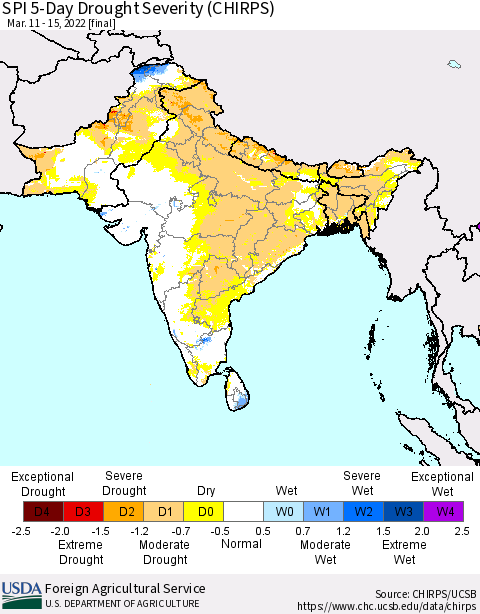 Southern Asia SPI 5-Day Drought Severity (CHIRPS) Thematic Map For 3/11/2022 - 3/15/2022