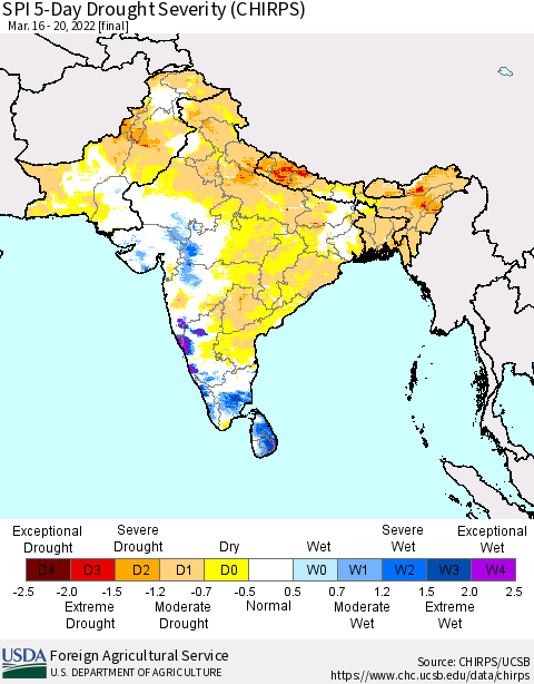 Southern Asia SPI 5-Day Drought Severity (CHIRPS) Thematic Map For 3/16/2022 - 3/20/2022
