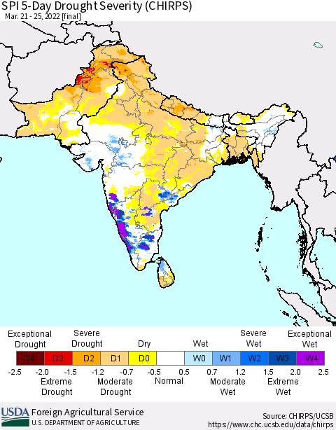 Southern Asia SPI 5-Day Drought Severity (CHIRPS) Thematic Map For 3/21/2022 - 3/25/2022