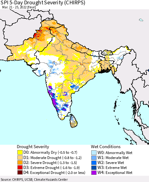 Southern Asia SPI 5-Day Drought Severity (CHIRPS) Thematic Map For 3/21/2022 - 3/25/2022