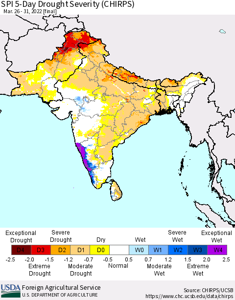Southern Asia SPI 5-Day Drought Severity (CHIRPS) Thematic Map For 3/26/2022 - 3/31/2022