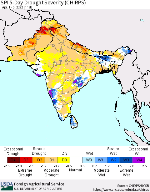 Southern Asia SPI 5-Day Drought Severity (CHIRPS) Thematic Map For 4/1/2022 - 4/5/2022