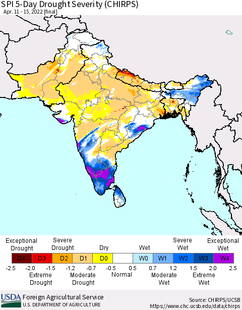 Southern Asia SPI 5-Day Drought Severity (CHIRPS) Thematic Map For 4/11/2022 - 4/15/2022