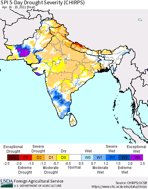 Southern Asia SPI 5-Day Drought Severity (CHIRPS) Thematic Map For 4/16/2022 - 4/20/2022