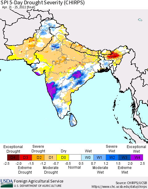 Southern Asia SPI 5-Day Drought Severity (CHIRPS) Thematic Map For 4/21/2022 - 4/25/2022