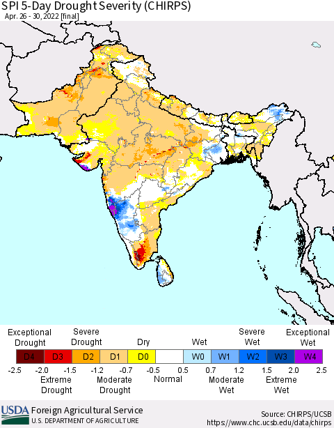 Southern Asia SPI 5-Day Drought Severity (CHIRPS) Thematic Map For 4/26/2022 - 4/30/2022