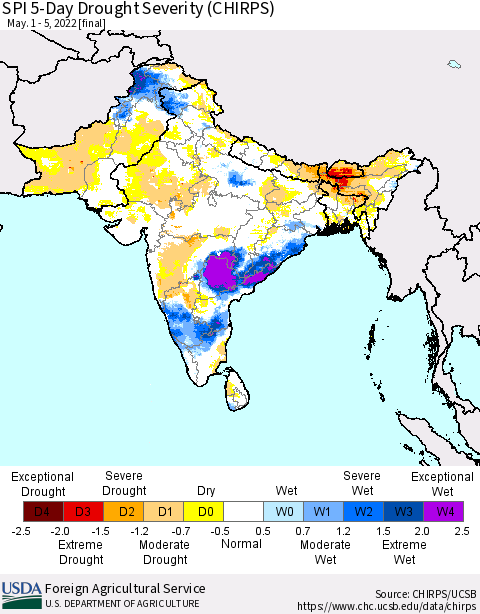 Southern Asia SPI 5-Day Drought Severity (CHIRPS) Thematic Map For 5/1/2022 - 5/5/2022