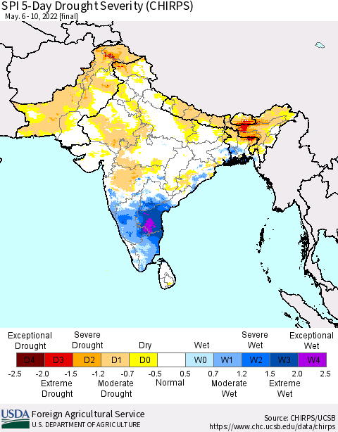 Southern Asia SPI 5-Day Drought Severity (CHIRPS) Thematic Map For 5/6/2022 - 5/10/2022