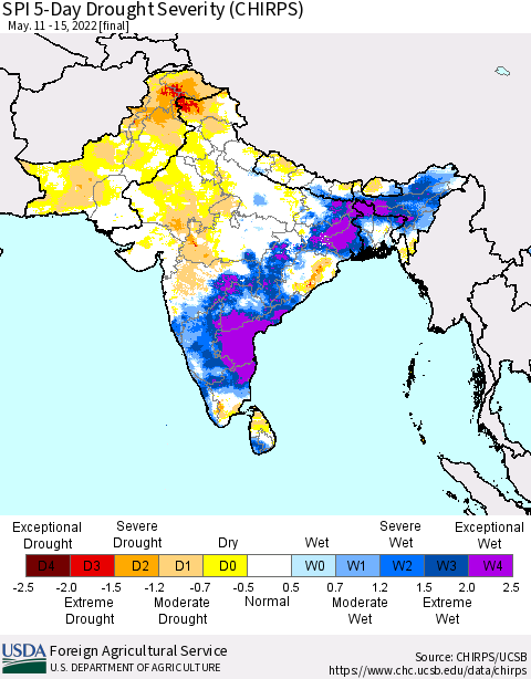 Southern Asia SPI 5-Day Drought Severity (CHIRPS) Thematic Map For 5/11/2022 - 5/15/2022