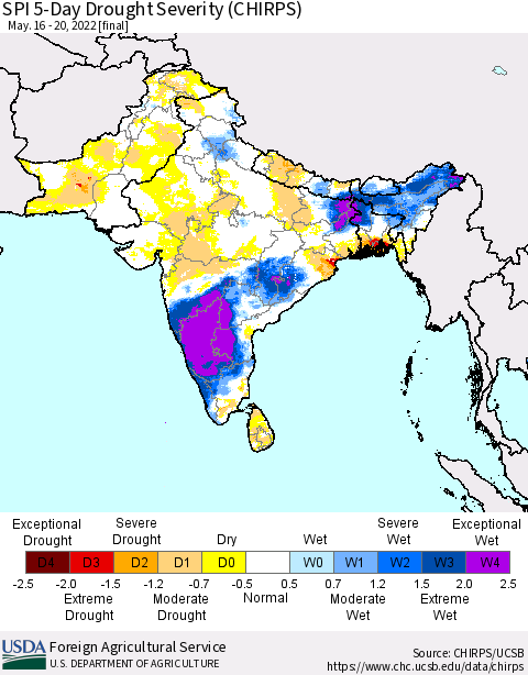 Southern Asia SPI 5-Day Drought Severity (CHIRPS) Thematic Map For 5/16/2022 - 5/20/2022