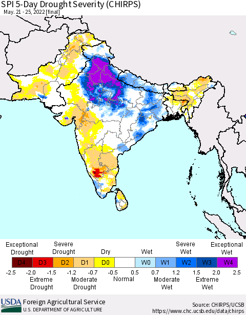 Southern Asia SPI 5-Day Drought Severity (CHIRPS) Thematic Map For 5/21/2022 - 5/25/2022