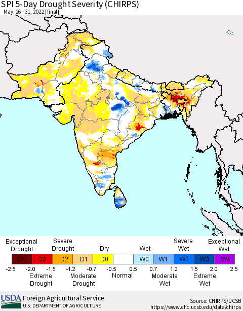 Southern Asia SPI 5-Day Drought Severity (CHIRPS) Thematic Map For 5/26/2022 - 5/31/2022