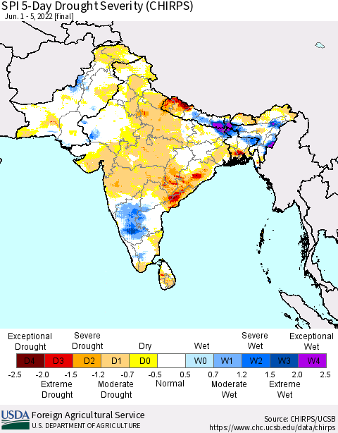 Southern Asia SPI 5-Day Drought Severity (CHIRPS) Thematic Map For 6/1/2022 - 6/5/2022