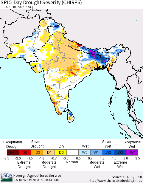 Southern Asia SPI 5-Day Drought Severity (CHIRPS) Thematic Map For 6/6/2022 - 6/10/2022