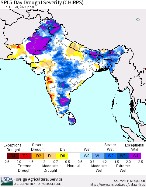 Southern Asia SPI 5-Day Drought Severity (CHIRPS) Thematic Map For 6/16/2022 - 6/20/2022