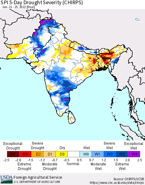 Southern Asia SPI 5-Day Drought Severity (CHIRPS) Thematic Map For 6/21/2022 - 6/25/2022