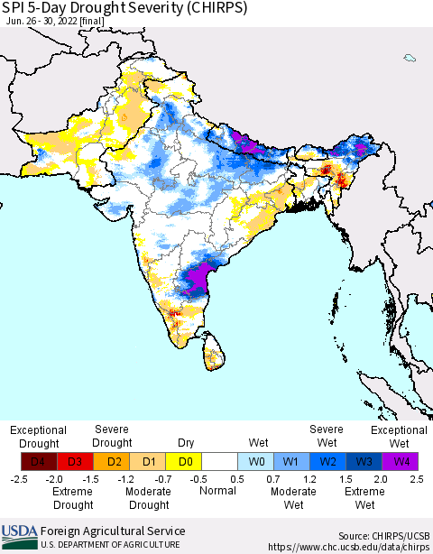 Southern Asia SPI 5-Day Drought Severity (CHIRPS) Thematic Map For 6/26/2022 - 6/30/2022