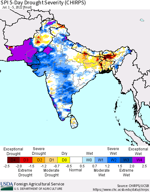 Southern Asia SPI 5-Day Drought Severity (CHIRPS) Thematic Map For 7/1/2022 - 7/5/2022