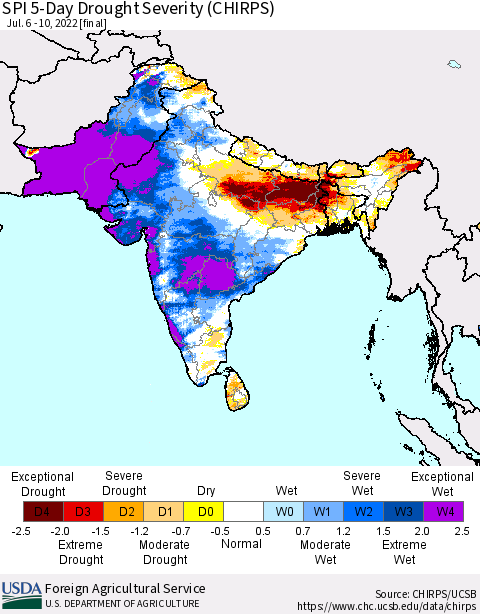 Southern Asia SPI 5-Day Drought Severity (CHIRPS) Thematic Map For 7/6/2022 - 7/10/2022