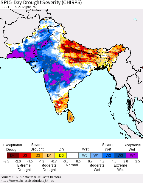 Southern Asia SPI 5-Day Drought Severity (CHIRPS) Thematic Map For 7/11/2022 - 7/15/2022