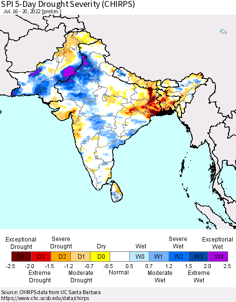 Southern Asia SPI 5-Day Drought Severity (CHIRPS) Thematic Map For 7/16/2022 - 7/20/2022