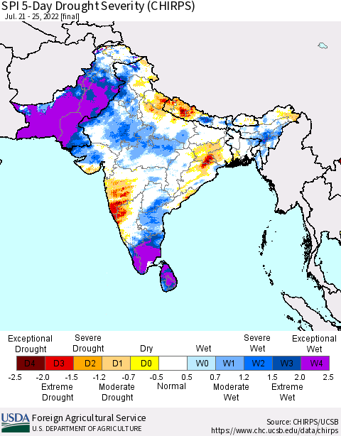 Southern Asia SPI 5-Day Drought Severity (CHIRPS) Thematic Map For 7/21/2022 - 7/25/2022