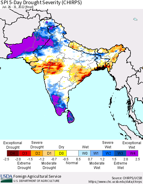 Southern Asia SPI 5-Day Drought Severity (CHIRPS) Thematic Map For 7/26/2022 - 7/31/2022