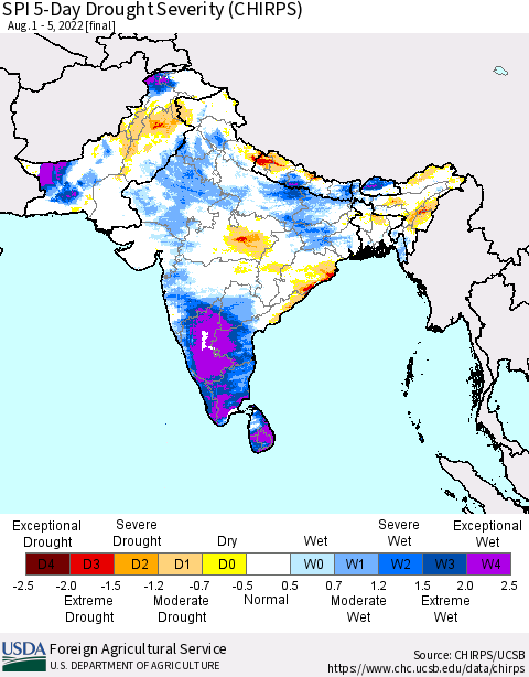 Southern Asia SPI 5-Day Drought Severity (CHIRPS) Thematic Map For 8/1/2022 - 8/5/2022