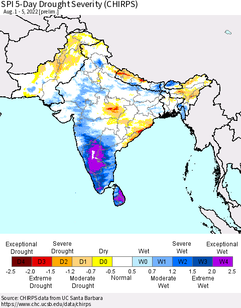 Southern Asia SPI 5-Day Drought Severity (CHIRPS) Thematic Map For 8/1/2022 - 8/5/2022