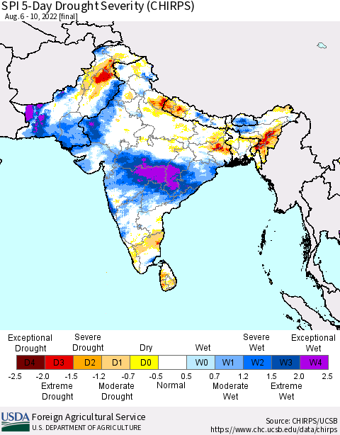 Southern Asia SPI 5-Day Drought Severity (CHIRPS) Thematic Map For 8/6/2022 - 8/10/2022