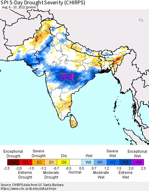 Southern Asia SPI 5-Day Drought Severity (CHIRPS) Thematic Map For 8/6/2022 - 8/10/2022