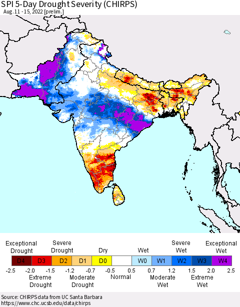 Southern Asia SPI 5-Day Drought Severity (CHIRPS) Thematic Map For 8/11/2022 - 8/15/2022
