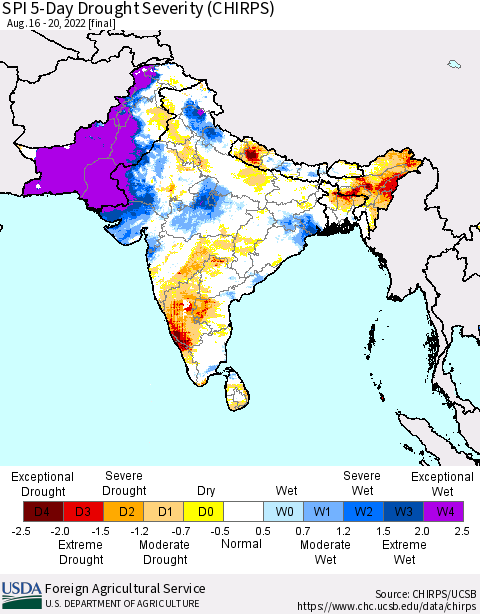 Southern Asia SPI 5-Day Drought Severity (CHIRPS) Thematic Map For 8/16/2022 - 8/20/2022