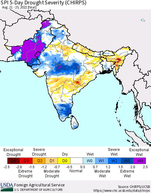 Southern Asia SPI 5-Day Drought Severity (CHIRPS) Thematic Map For 8/21/2022 - 8/25/2022