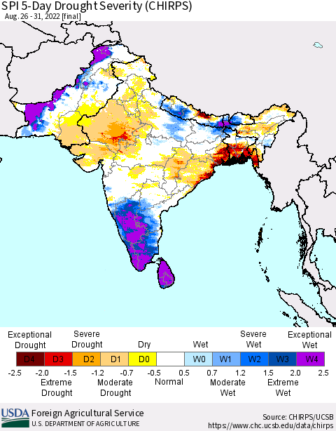 Southern Asia SPI 5-Day Drought Severity (CHIRPS) Thematic Map For 8/26/2022 - 8/31/2022